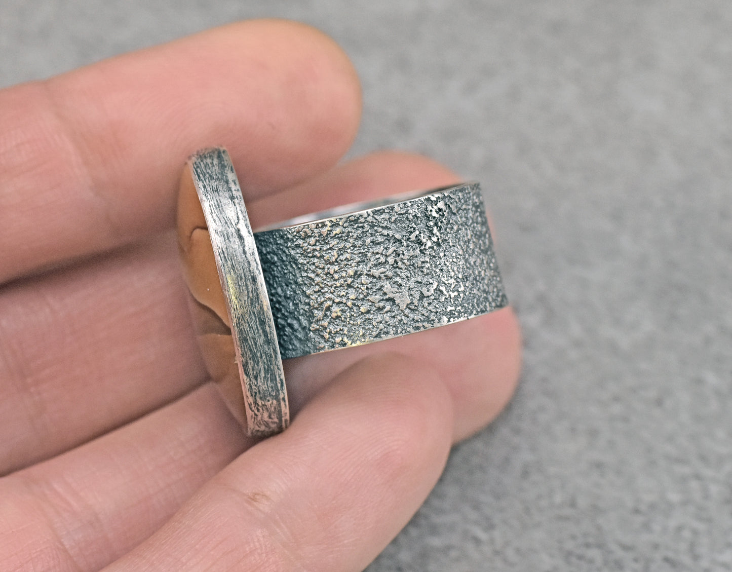 Picture Jasper Wide Band Sterling Silver Ring, Size 8.25, Unique Rustic Handmade Mountain Jewelry