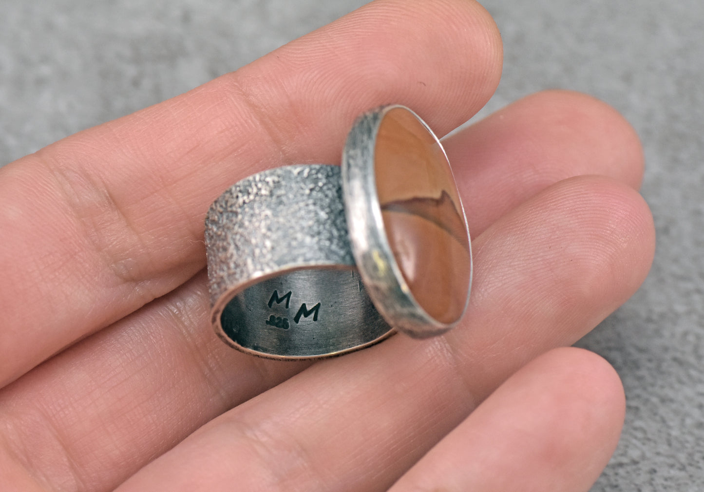 Picture Jasper Wide Band Sterling Silver Ring, Size 8.25, Unique Rustic Handmade Mountain Jewelry