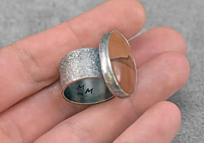 Picture Jasper Wide Band Sterling Silver Ring, Size 8.25, Unique Rustic Handmade Mountain Jewelry