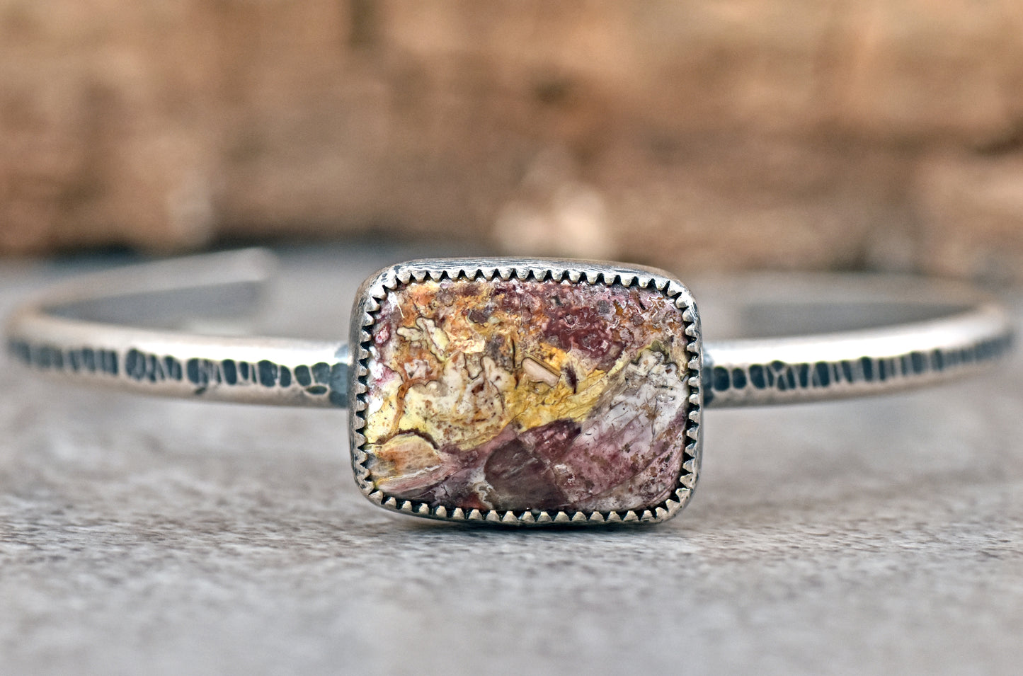 Agate and Sterling Silver Cuff Bracelet, Size Medium, Rustic Artisan Silversmith Jewelry