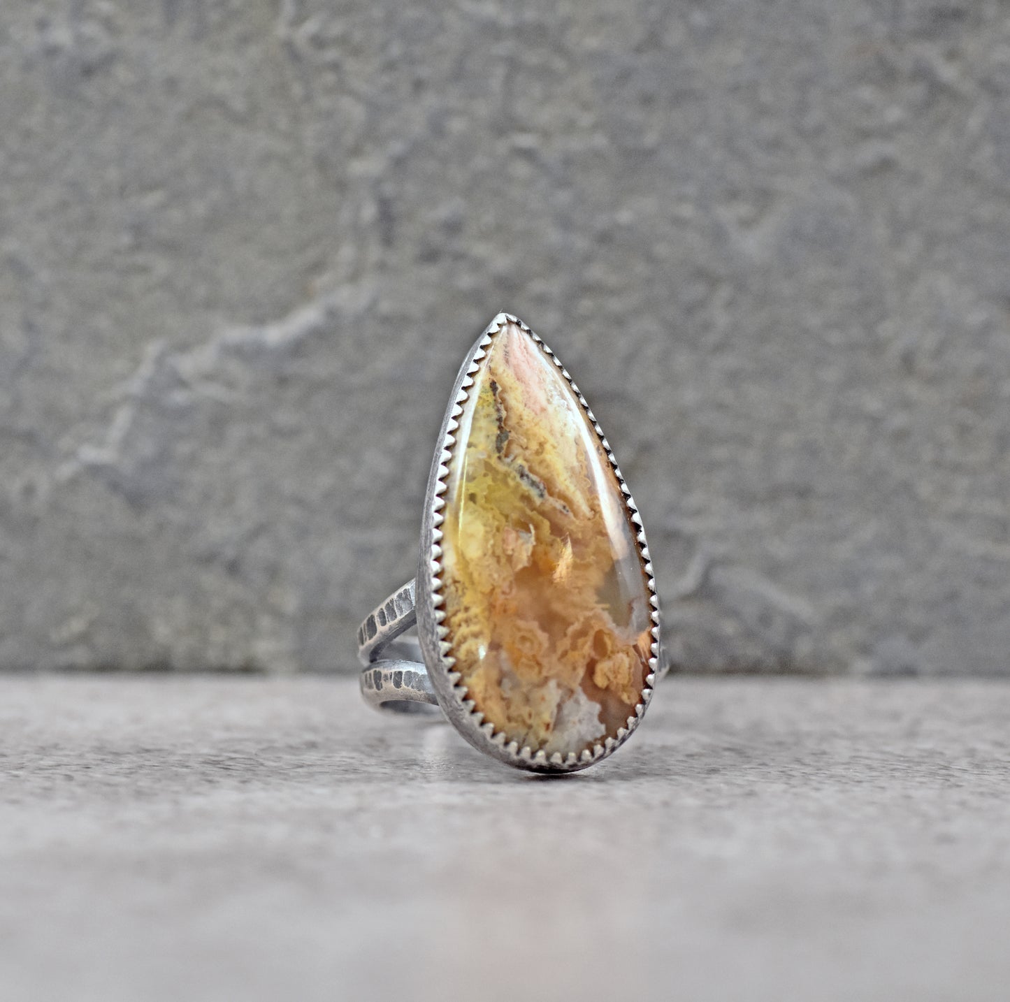 Yellow Plume Agate Ring in Fine and Sterling Silver with Split Band, Rustic Silversmith Jewelry, Size 6.75