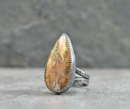 Yellow Plume Agate Ring in Fine and Sterling Silver with Split Band, Rustic Silversmith Jewelry, Size 6.75
