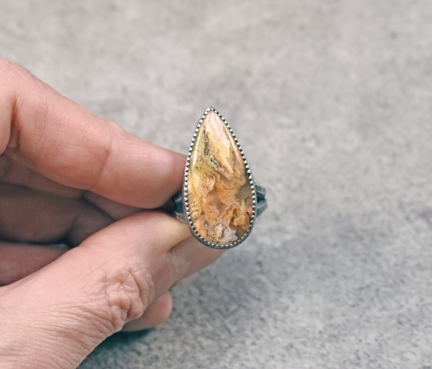 Yellow Plume Agate Ring in Fine and Sterling Silver with Split Band, Rustic Silversmith Jewelry, Size 6.75