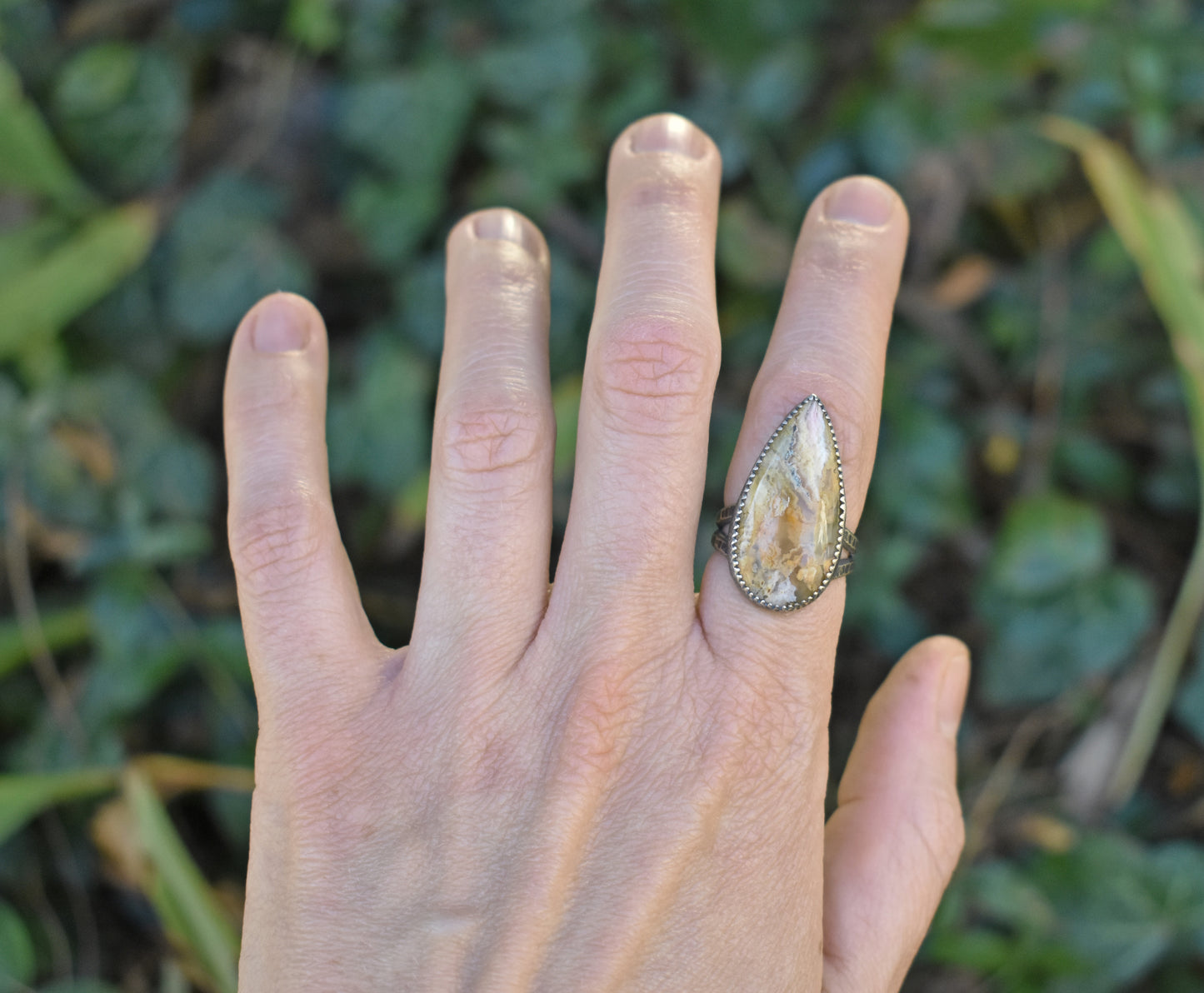 Yellow Plume Agate Ring in Fine and Sterling Silver with Split Band, Rustic Silversmith Jewelry, Size 6.75