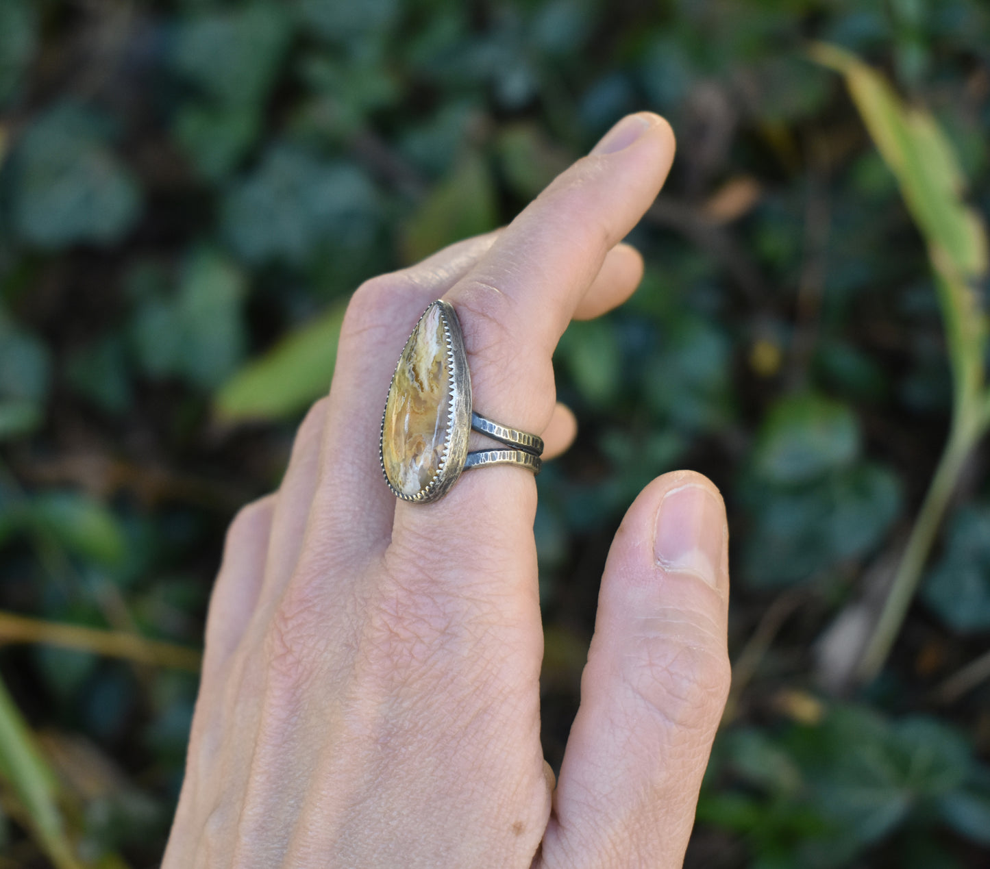Yellow Plume Agate Ring in Fine and Sterling Silver with Split Band, Rustic Silversmith Jewelry, Size 6.75