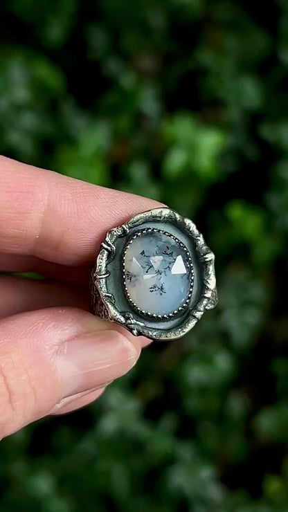 Dendritic Opal and Sterling Silver Wide Band Statement Ring, Artisan Silversmith Jewelry, Size 8.5