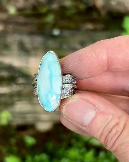 Larimar and Sterling Silver Wide Band Statement Ring, Size 8.5, Natural Light Blue Organic Handmade Jewelry