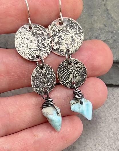 Larimar, Sterling Silver and Copper Disc Earrings, Unique Mixed Metal Blue Gemstone Dangles