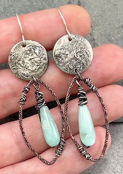 Chatoyant Green Moonstone Mixed Metal Earrings, Sterling Silver on Copper, Rustic Unique Jewelry