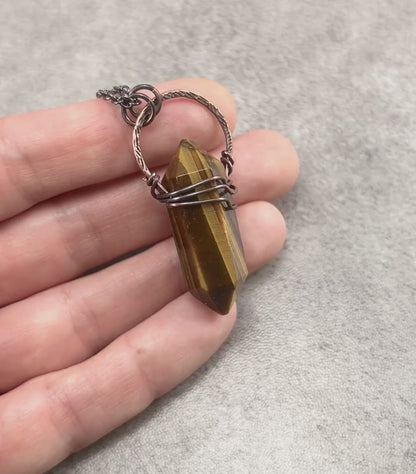 Tiger's Eye Double Terminated Point Necklace, Brown Gold Stone and Copper Pendant