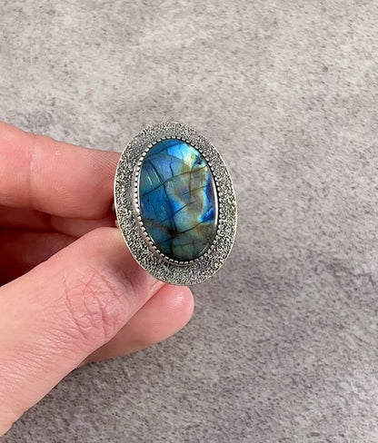 Sterling Silver Labradorite Statement Ring, Size 8.5