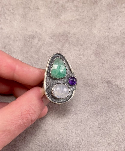 Sterling Silver Statement Ring with Faceted Emerald, Rainbow Moonstone and Amethyst, Size 7.5