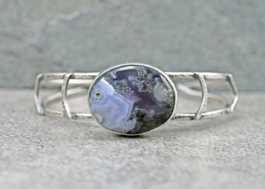 Purple Moss Agate and Sterling Silver Cuff Bracelet, Size Small, Unique Silversmith Jewelry