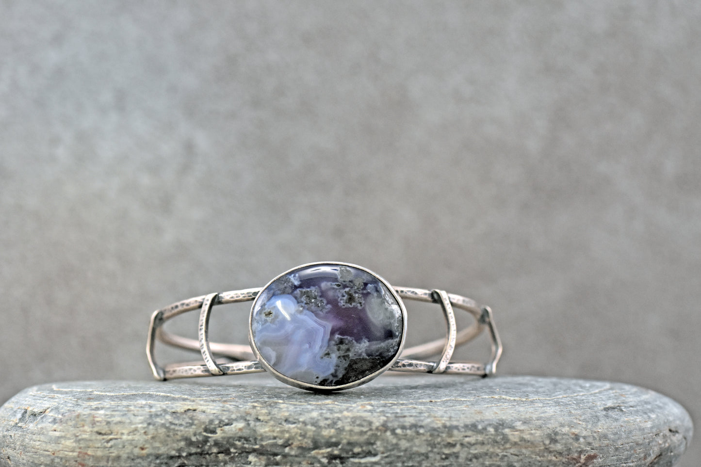 Purple Moss Agate and Sterling Silver Cuff Bracelet, Size Small, Unique Silversmith Jewelry