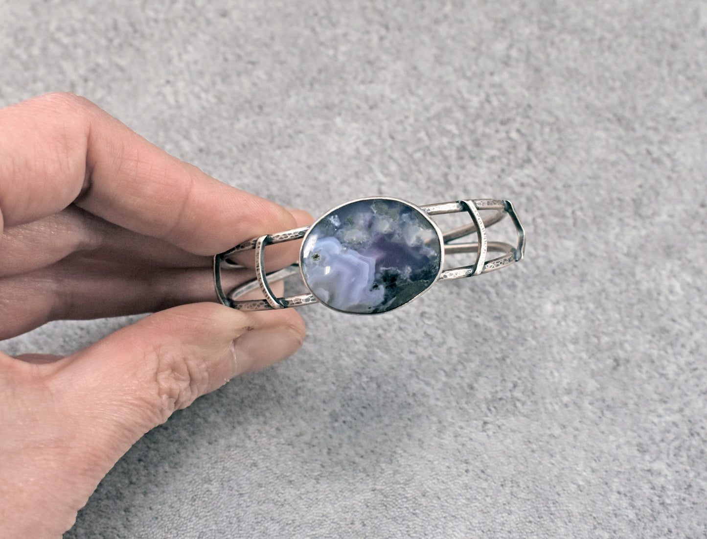 Purple Moss Agate and Sterling Silver Cuff Bracelet, Size Small, Unique Silversmith Jewelry