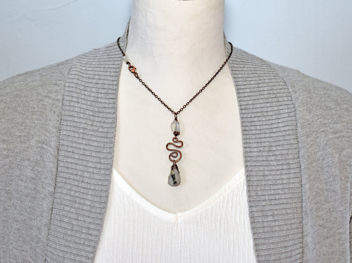 Rutilated Quartz Crystal Pendant, Long Copper Wire Artisan Necklace