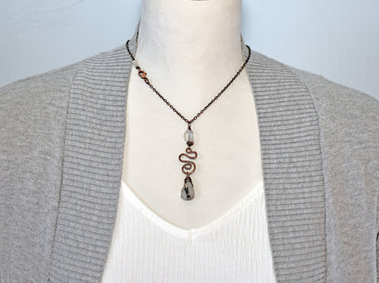 Rutilated Quartz Crystal Pendant, Long Copper Wire Artisan Necklace