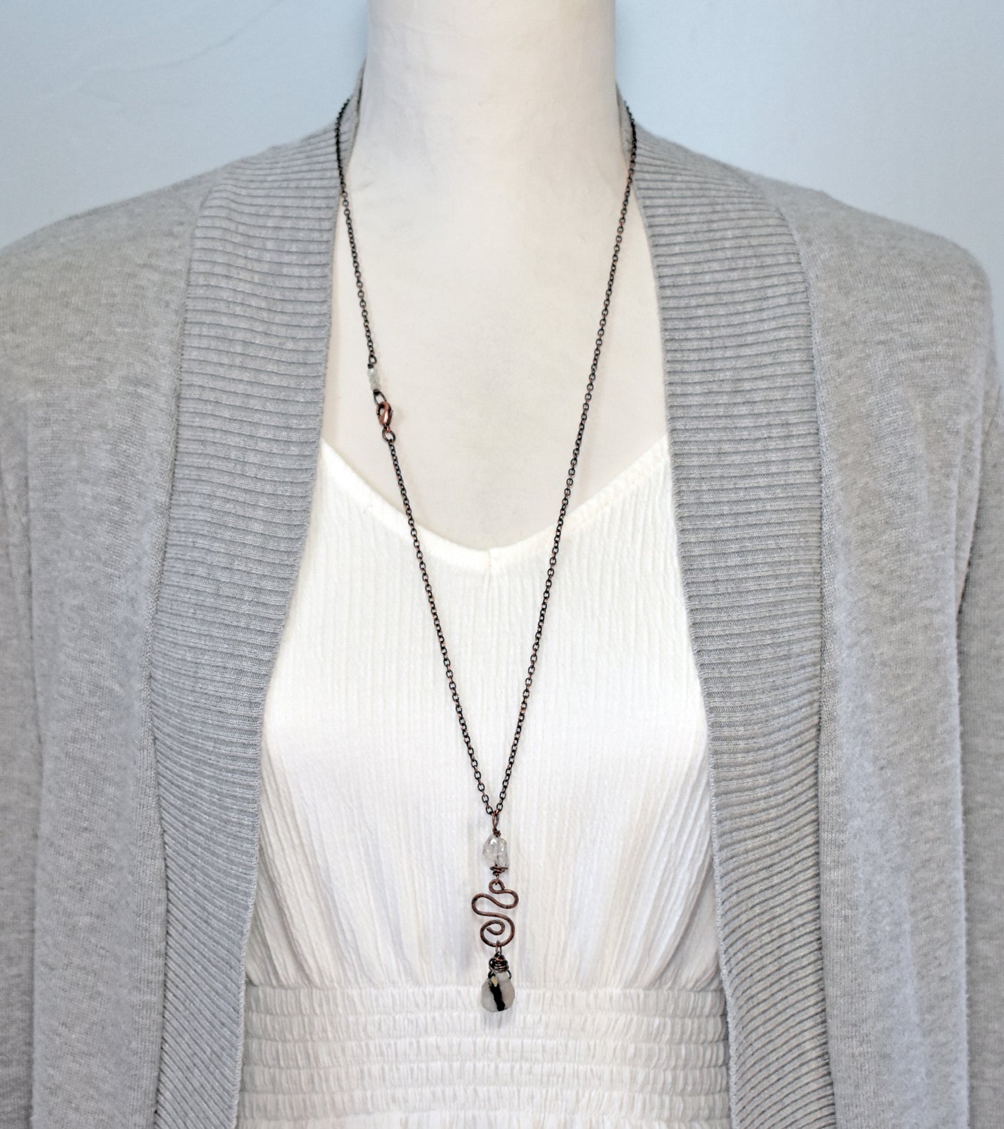 Rutilated Quartz Crystal Pendant, Long Copper Wire Artisan Necklace