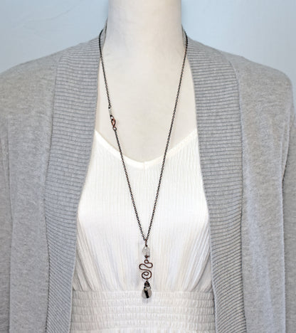 Rutilated Quartz Crystal Pendant, Long Copper Wire Artisan Necklace