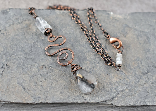 Rutilated Quartz Crystal Pendant, Long Copper Wire Artisan Necklace
