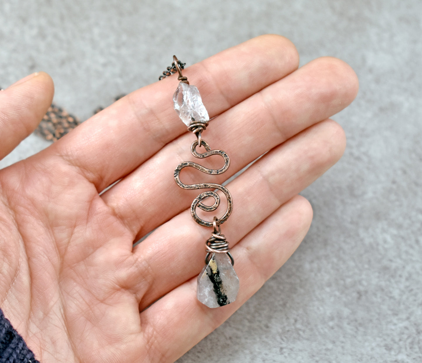 Rutilated Quartz Crystal Pendant, Long Copper Wire Artisan Necklace