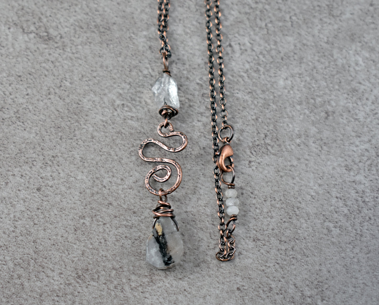 Rutilated Quartz Crystal Pendant, Long Copper Wire Artisan Necklace