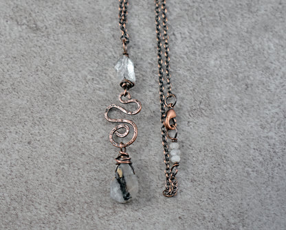 Rutilated Quartz Crystal Pendant, Long Copper Wire Artisan Necklace