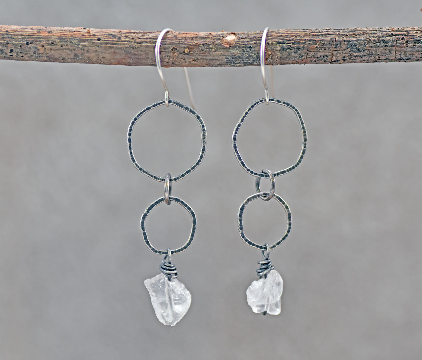 Long Raw Quartz and Sterling Silver Circle Earrings, Organic Rough Gemstone Artisan Jewelry