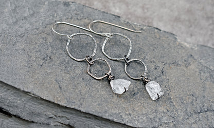 Long Raw Quartz and Sterling Silver Circle Earrings, Organic Rough Gemstone Artisan Jewelry