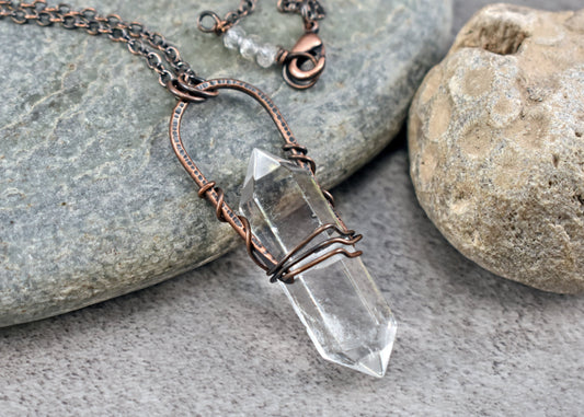 Double Terminated Quartz Point Crystal Pendant, Long Copper Wire Artisan Necklace