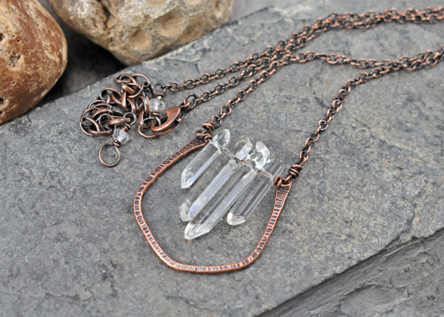 Long Quartz Crystal and Copper Wire Necklace, Artisan Handmade Jewelry