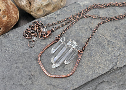 Long Quartz Crystal and Copper Wire Necklace, Artisan Handmade Jewelry