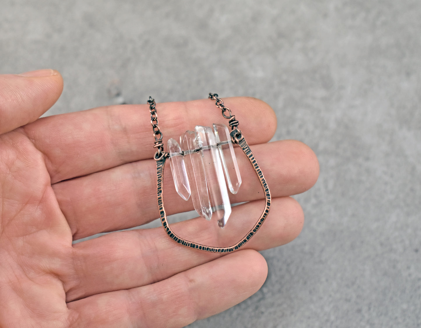 Long Quartz Crystal and Copper Wire Necklace, Artisan Handmade Jewelry