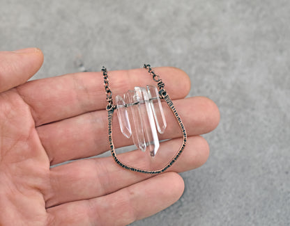Long Quartz Crystal and Copper Wire Necklace, Artisan Handmade Jewelry