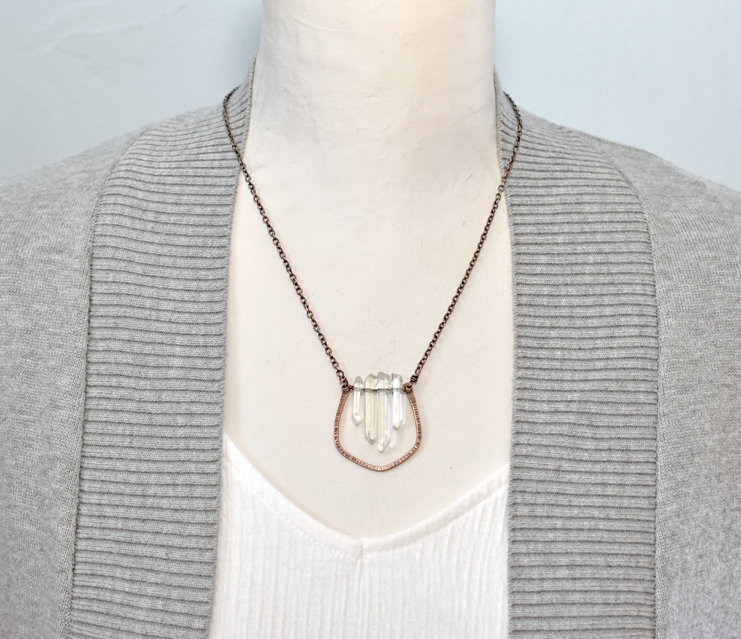 Long Quartz Crystal and Copper Wire Necklace, Artisan Handmade Jewelry