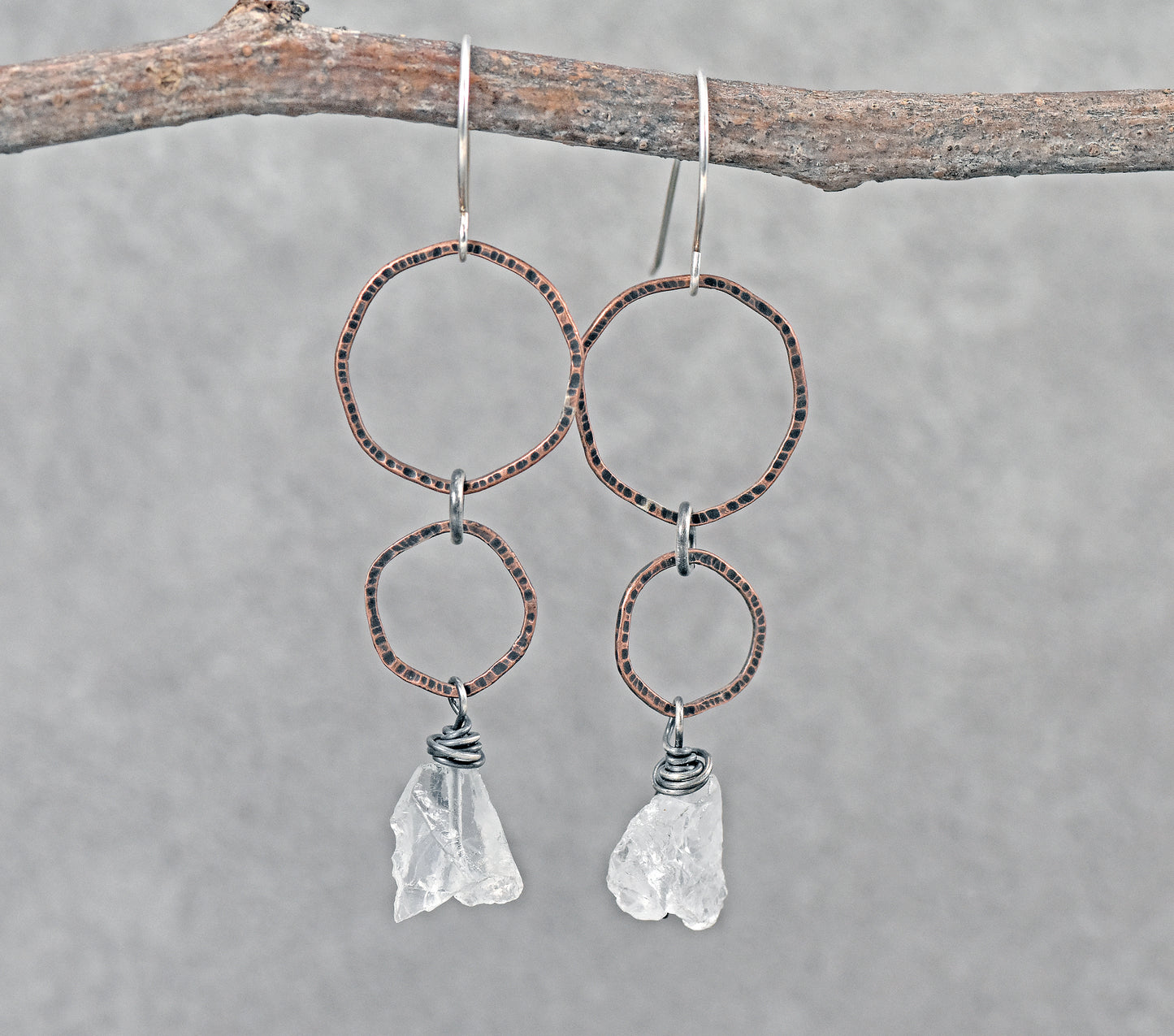 Long Raw Quartz Mixed Metal Circle Earrings, Organic Gemstone Handmade Copper Sterling Silver Jewelry