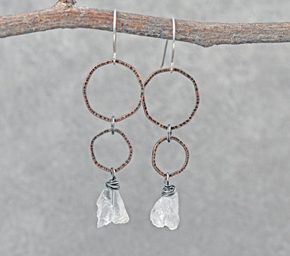 Long Raw Quartz Mixed Metal Circle Earrings, Organic Gemstone Handmade Copper Sterling Silver Jewelry