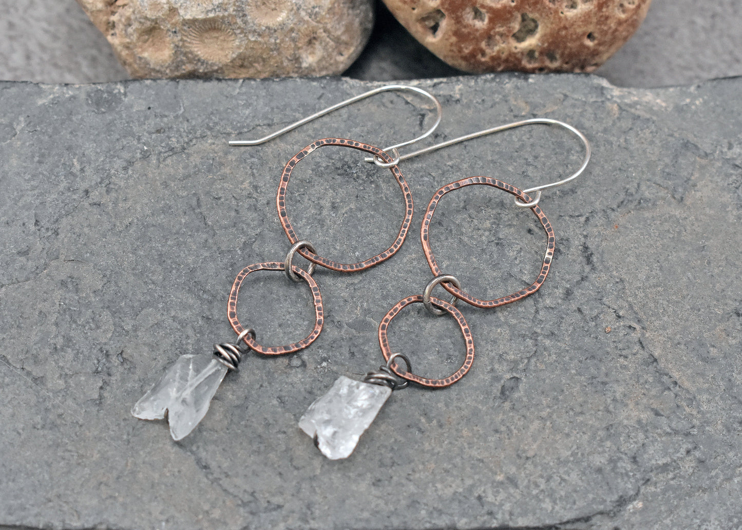 Long Raw Quartz Mixed Metal Circle Earrings, Organic Gemstone Handmade Copper Sterling Silver Jewelry