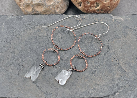 Long Raw Quartz Mixed Metal Circle Earrings, Organic Gemstone Handmade Copper Sterling Silver Jewelry