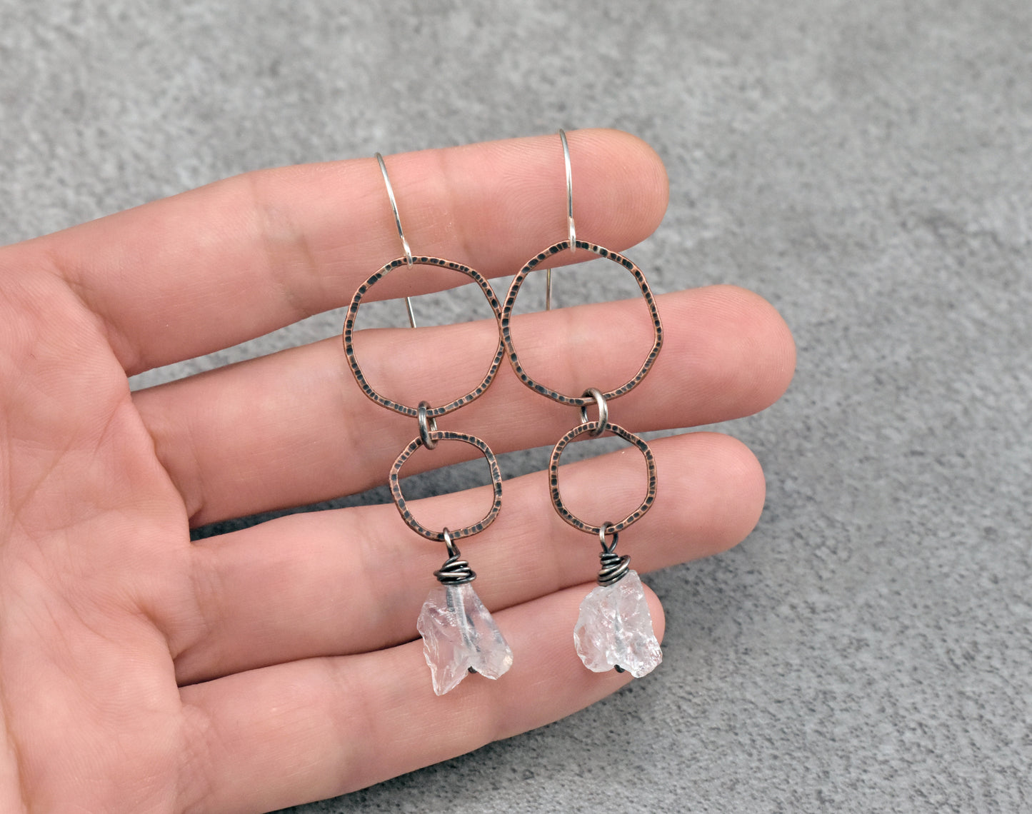 Long Raw Quartz Mixed Metal Circle Earrings, Organic Gemstone Handmade Copper Sterling Silver Jewelry
