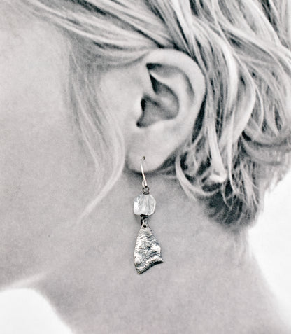 Raw Quartz and Sterling Silver Earrings, Organic Unusual Gemstone Artisan Jewelry