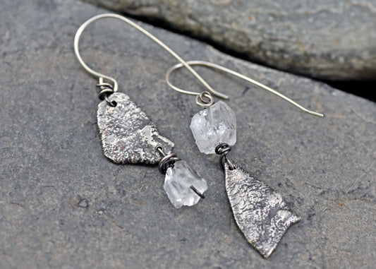 Raw Quartz and Sterling Silver Earrings, Organic Unusual Gemstone Artisan Jewelry