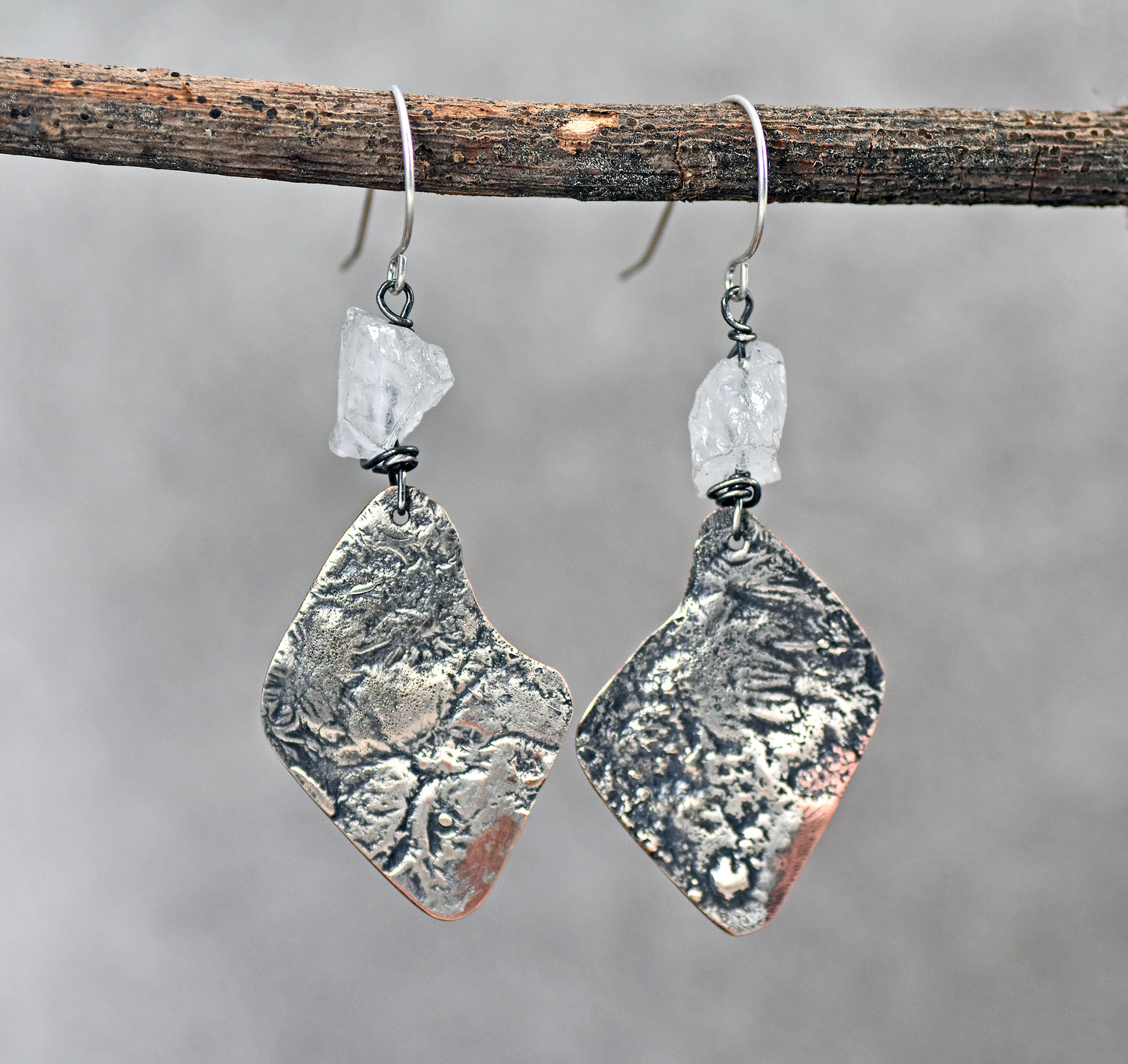 Raw Quartz Mixed Metal Earrings, Sterling Silver on Copper Unique Jewelry