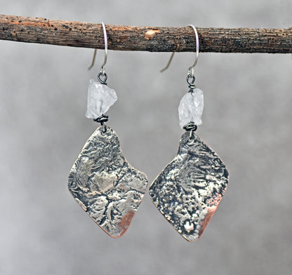 Raw Quartz Mixed Metal Earrings, Sterling Silver on Copper Unique Jewelry