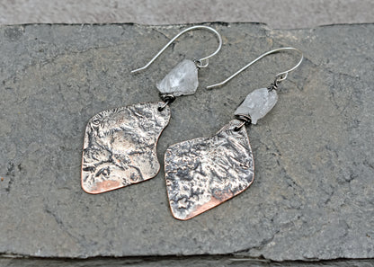 Raw Quartz Mixed Metal Earrings, Sterling Silver on Copper Unique Jewelry