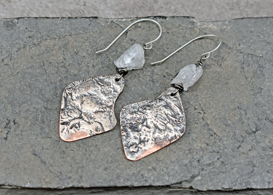 Raw Quartz Mixed Metal Earrings, Sterling Silver on Copper Unique Jewelry