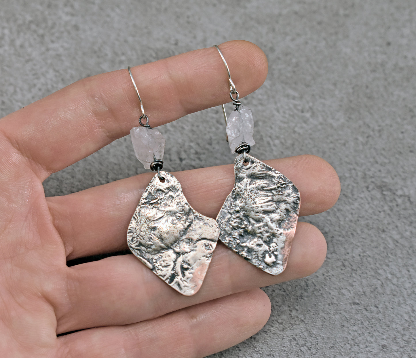 Raw Quartz Mixed Metal Earrings, Sterling Silver on Copper Unique Jewelry
