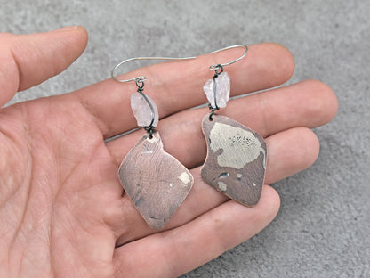 Raw Quartz Mixed Metal Earrings, Sterling Silver on Copper Unique Jewelry