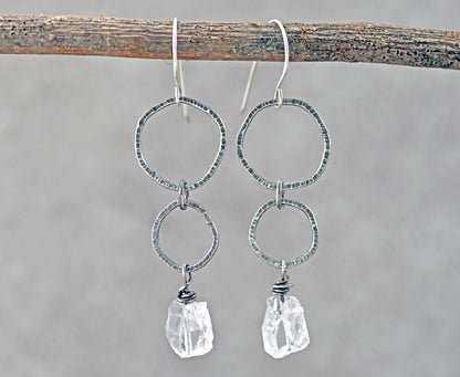 Long Raw Quartz and Sterling Silver Circle Earrings, Organic Unusual Gemstone Artisan Jewelry