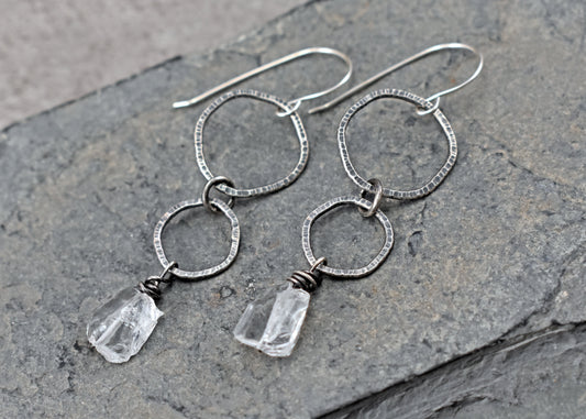 Long Raw Quartz and Sterling Silver Circle Earrings, Organic Unusual Gemstone Artisan Jewelry